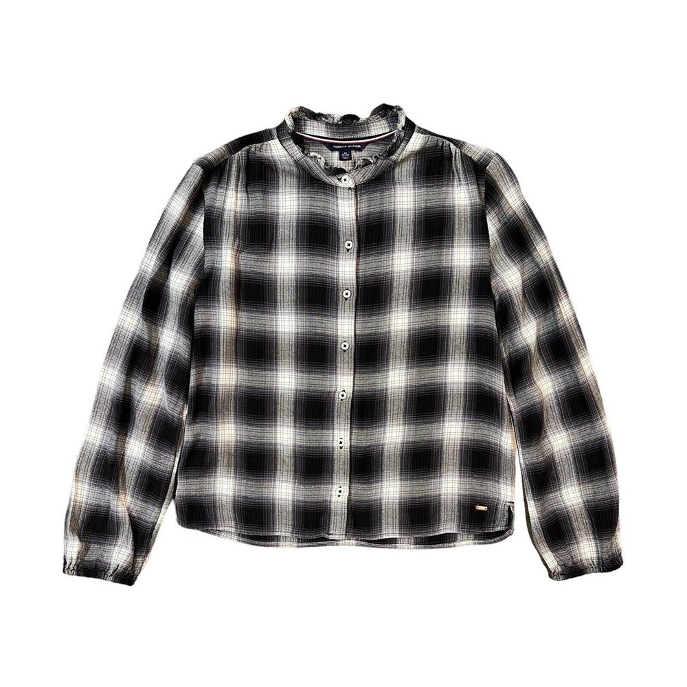 Tommy Hilfiger Shirt Women’s XS Black Plaid Ruffle Neck Button Up Long Sleeve